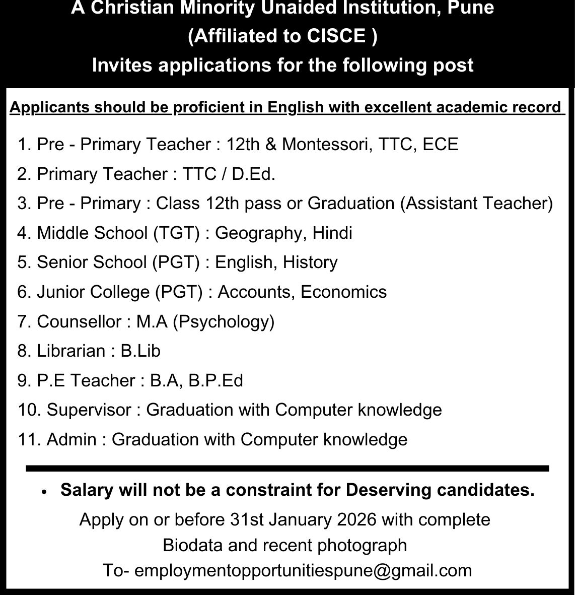 School Jobs in Pune: Camp-Based CISCE School Invites Applications for Teaching, Admin Posts