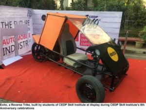 Exito, a Reverse Trike, built by students of CEDP Skill Institute at display during CEDP Skill Institute's 8th Anniversary celebrations