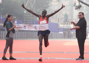 Overall Intl. Men Winner Kenya's Cosmas Lagat at the finish line at the TMM 2019