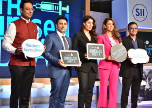 (L-R)Adar Poonawalla CEO, SII, Kareena Kapoor Khan and Natasha Poonawalla ED, SII, Dr. Nitin ShahSection Head Dept of Pediatrics, PD Hinduja National Hospital, at the launch of Swasth Immunized India