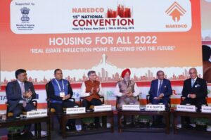 Mos (independent Charge) Hardeep Singh Puri, SBI Managing Director P.K Gupta on panel with NAREDCO leadership Rajeev Talwar, Parveen Jain, Niranjan Hiranandani & Gaurav Jain at 15th National Convention