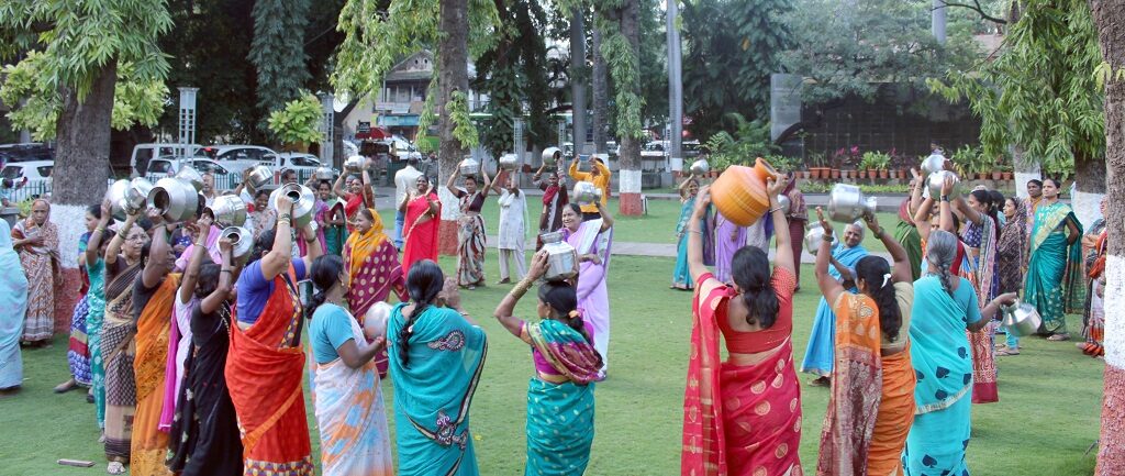 Women garba with empty vessels in Pune