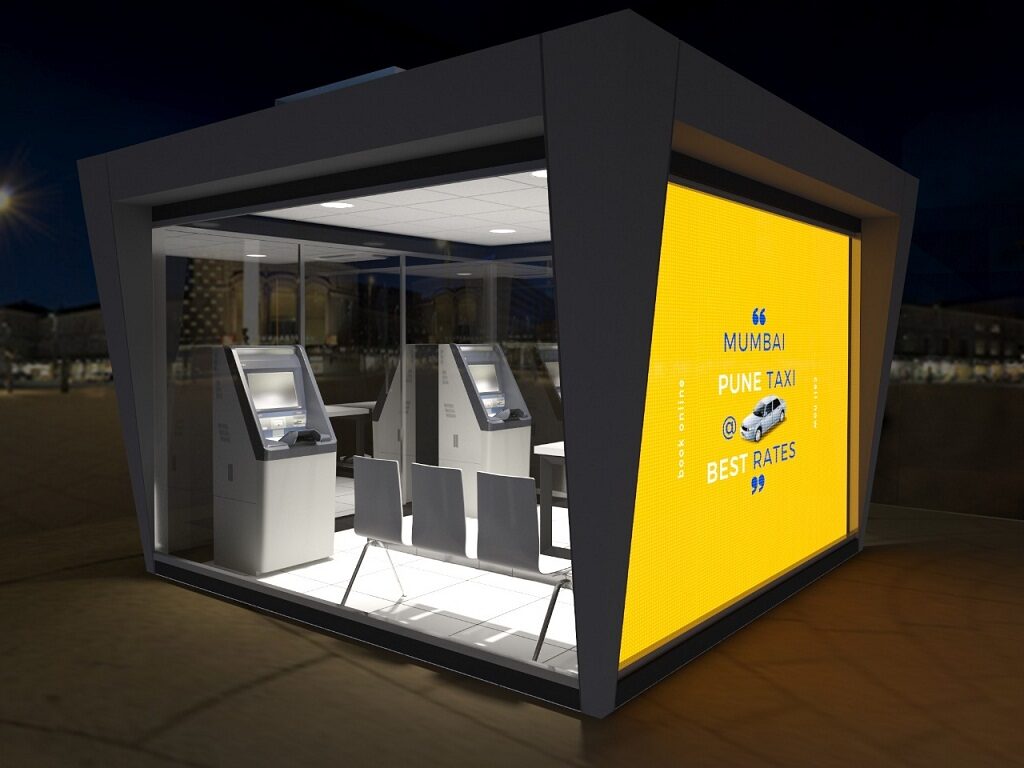 Design of kiosk to be set up Pune station, Sangamwadi bus stand, Sawargate and Shivajinagar, where people can book autorickshaw.