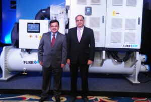 LtoR - Mr. Avinash Manjul, MD, Kirloskar Chillers & Mr. Rahul Kirloskar, Vice Chairman of the Kirloskar Group with India’s first Oil Free Centrifugal Compressor