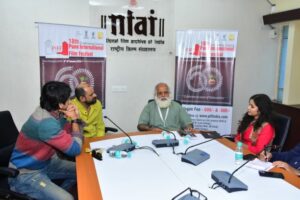 Samar Nakhate in conversation with Team Anand Gopal. (Lalit Prabhakarr, Sameer Vidvans Nakhate & Bhagyashree Milind)