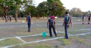 Khadki Cantonment Board staffs putting markings on the ground near ACP Office.