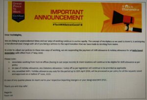 Tech Mahindra message to employees about suspension of shift allowance