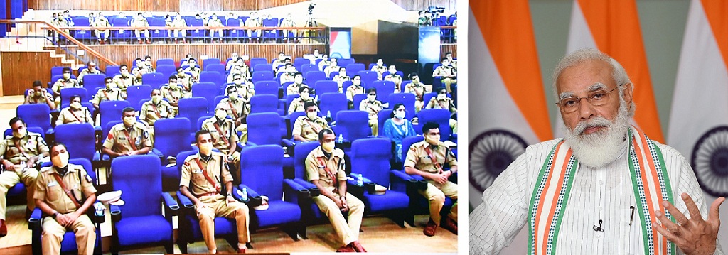 The Prime Minister, Shri Narendra Modi interacting with the IPS Probationers during Dikshant Parade at Sardar Vallabhbhai Patel National Police Academy, through video conferencing, in New Delhi on September 04, 2020.