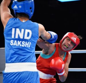 Manisha Moun in action against compatriot Sakshi Chaudhuri in the finals of the 57kg category in the women's boxing at the Colgne Boxing World Cup