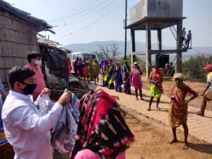 The villagers in line for Solapuri Chaddars