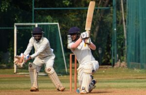 Yash Boramani of Deccan Gymkhana playing attacking shot against 22 Yards Bowler at Poona Club.