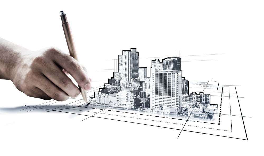 City civil planning and real estate development - Architect people looking at abstract city sketch drawing to design creative future city building. Architecture dream and ambition concept.