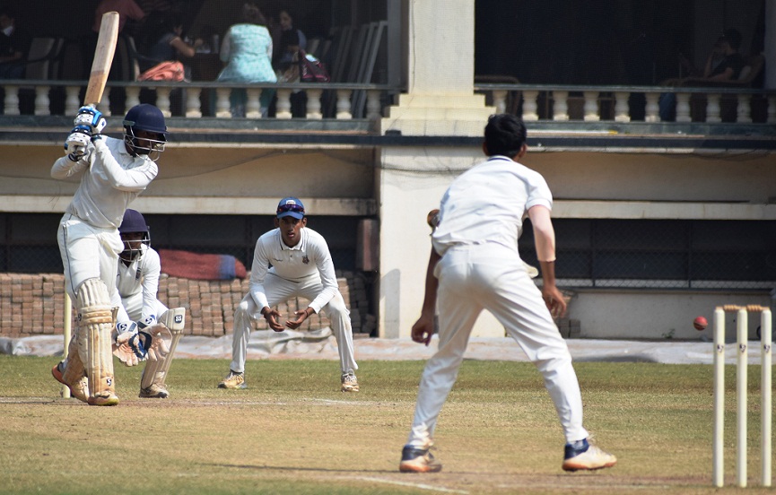 Sarish Desai of Club of Maharashtra playing attacking shot against Cadence bowler at PYC Ground.