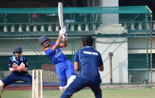 Shreyash Walekar of PYC playing attacking shot against Poona Club Bowler at PYC Ground