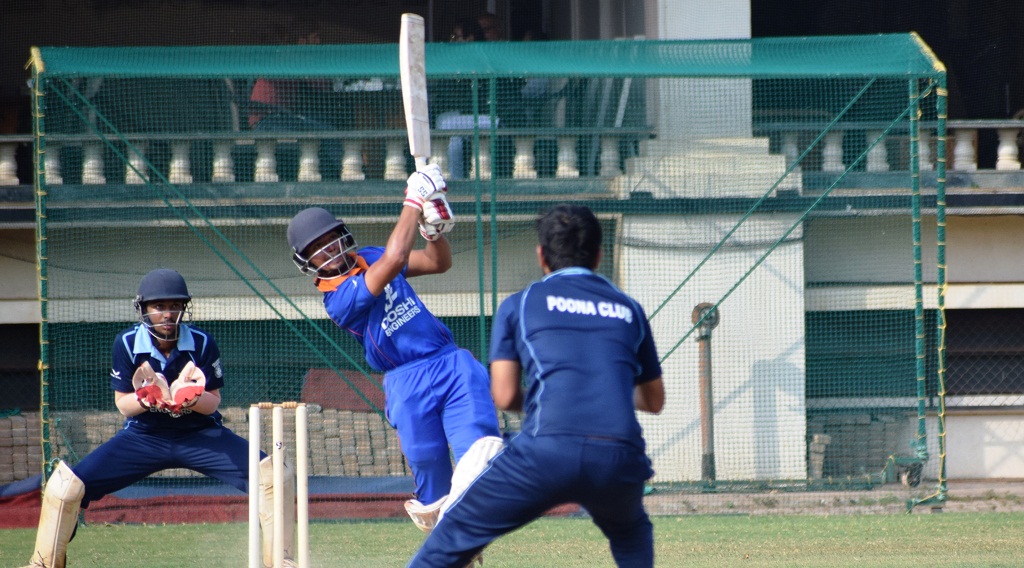 Shreyash Walekar of PYC playing attacking shot against Poona Club Bowler at PYC Ground