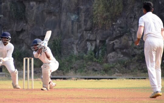 Smit Patil of United Sports Club playing attacking shot against Brilliants Sports Academy bowler at Yewalewadi Brillirants Sports Academy ground..