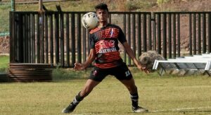 Hat-trick hero Kartik Raju (GOG FCC) in action during the quarterfinal match against Dynamites