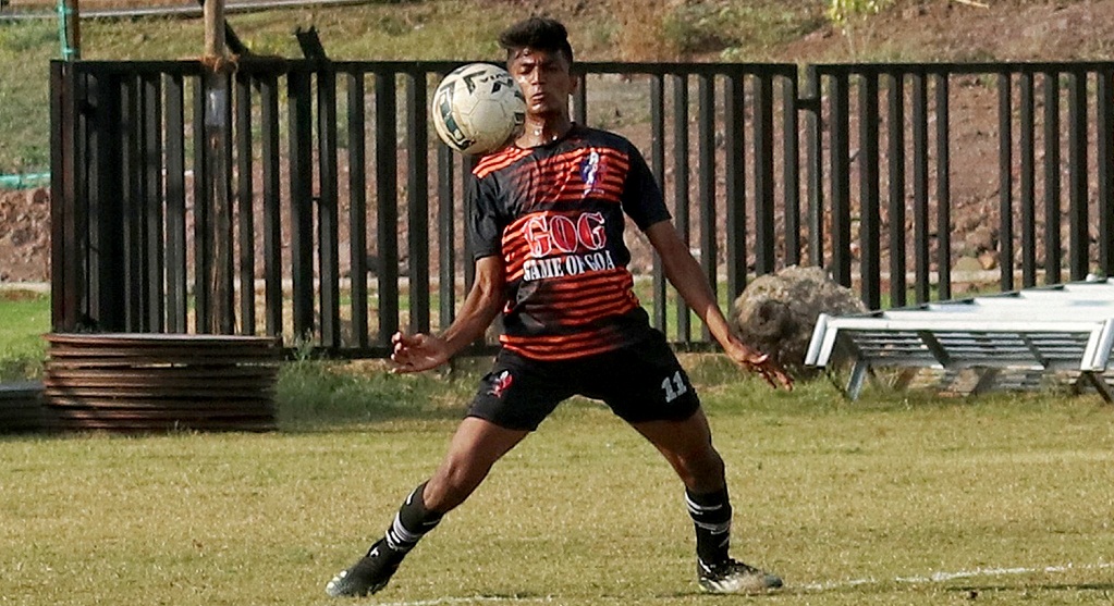Hat-trick hero Kartik Raju (GOG FCC) in action during the quarterfinal match against Dynamites