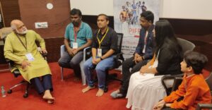 Team of the film 'Firastya' in conversation with Samar Nakhate at NFAI today(L_R)Nakhate,Girish Jambhalikar, Viththal Bhosale,Harish Baraskar, Swapna Bhosale&Samarth