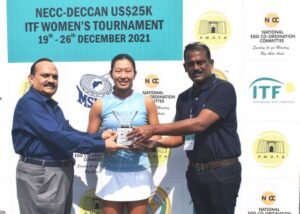 Womens Singles Winner Moyuka Uchijima received the award from chief guest Mr.BSR Shastri, GM of NECC and Mr.Aswhin Girme