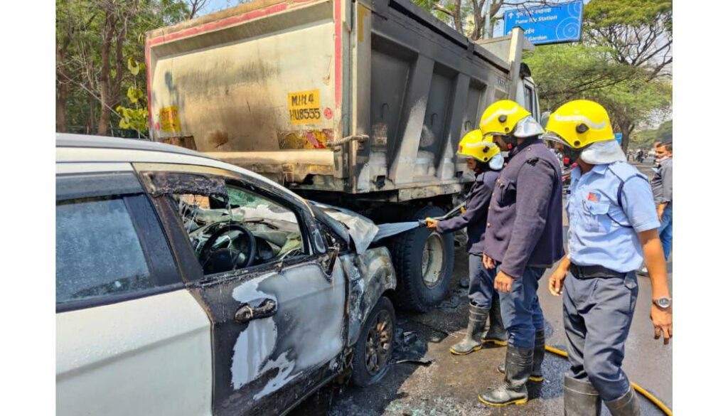 Pune Car Catches Fire After Colliding With Dumper, Woman Driver