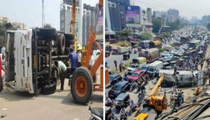 Cement Truck Overturns Near Navale Bridge