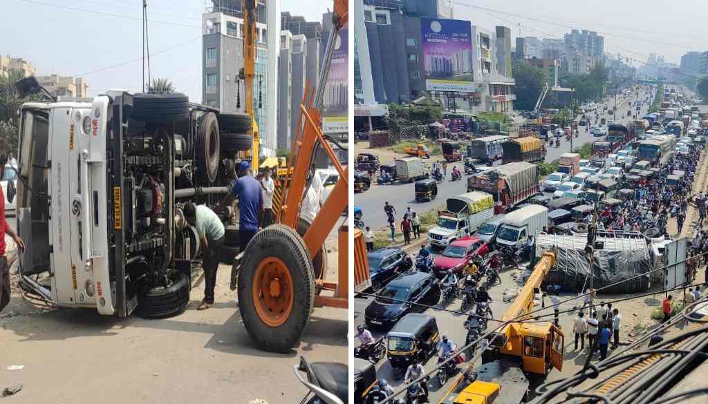 Pune Cement Truck Overturns Near Navale Bridge, Causes Traffic Jam But