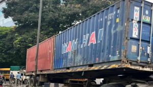Speeding Truck Crashes Through Divider