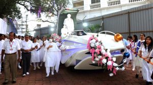 The space-ship like Rath moves out of the Mission for 5km Yatra in Pune City