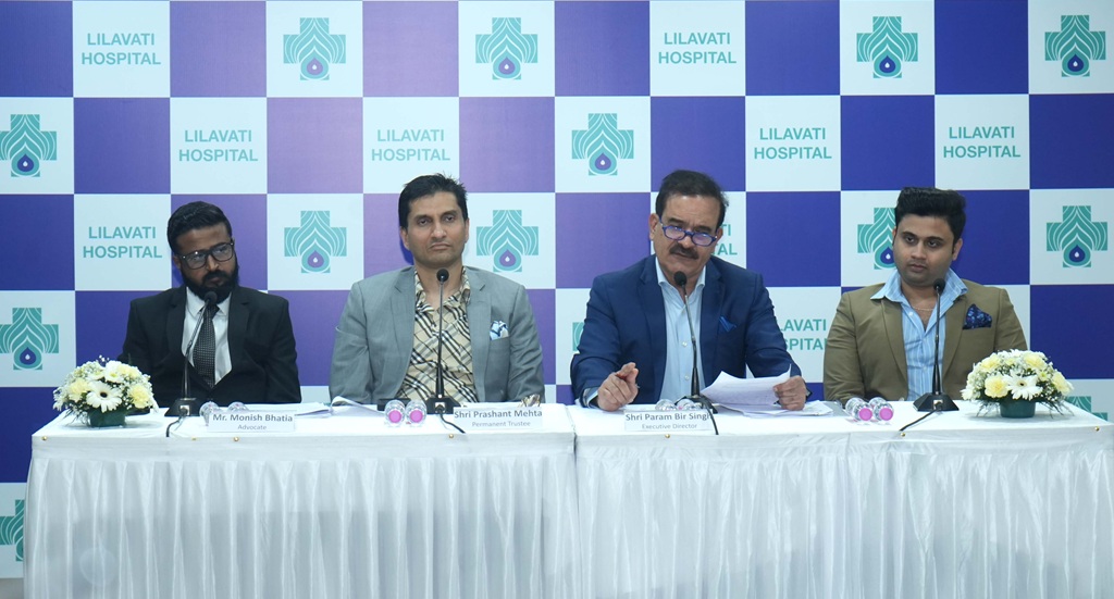L-R - Monish Bhatia (Lawyer), Prashant Mehta, Permanent Trustee Param Bir Singh, Exec Director, and Mohit Mathur Trustee of Lilavati Hospital and Research Centre at the Press Conference Today