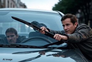 Man on car hood or bonnet