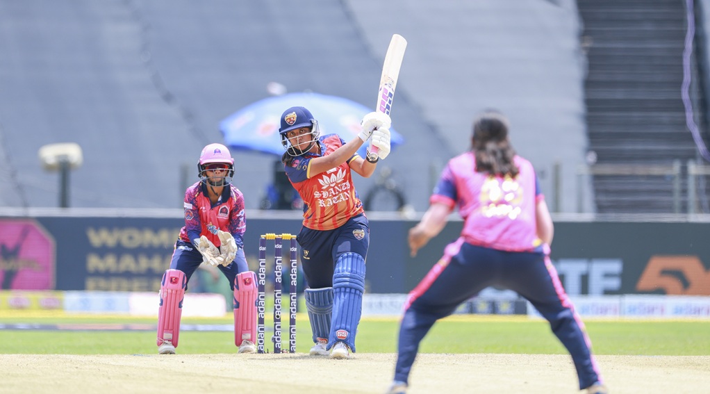 Tejal Hasabnis of Solapur Smashers playing attacking shot against Raigad Royals at MCA Gahunje Ground