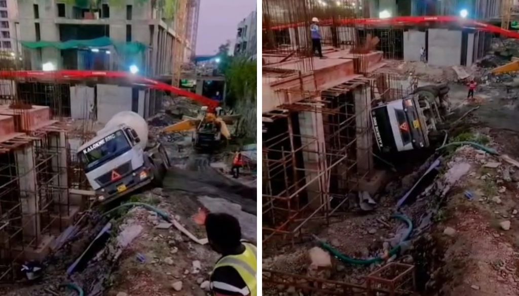 Cement Mixer Overturns at Ravet Construction Site