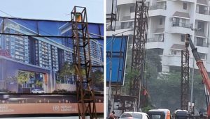 PMC Demolishes Illegal Mega Hoarding in Mohammadwadi NIBM Annexe