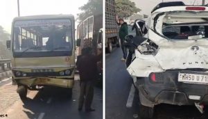 School Bus Rams Car, Two Injured on Navale Bridge