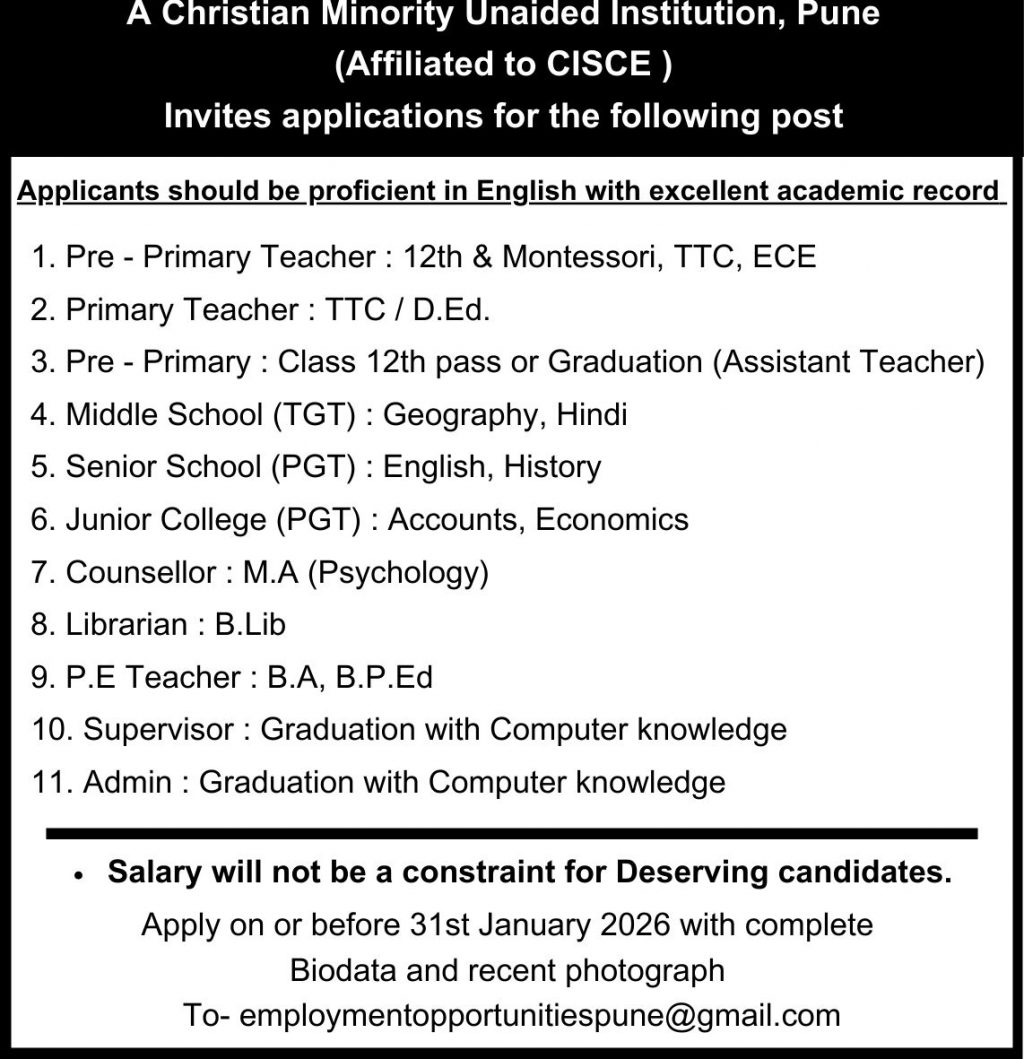 Camp-Based CISCE School Invites Applications for Teaching, Admin Posts