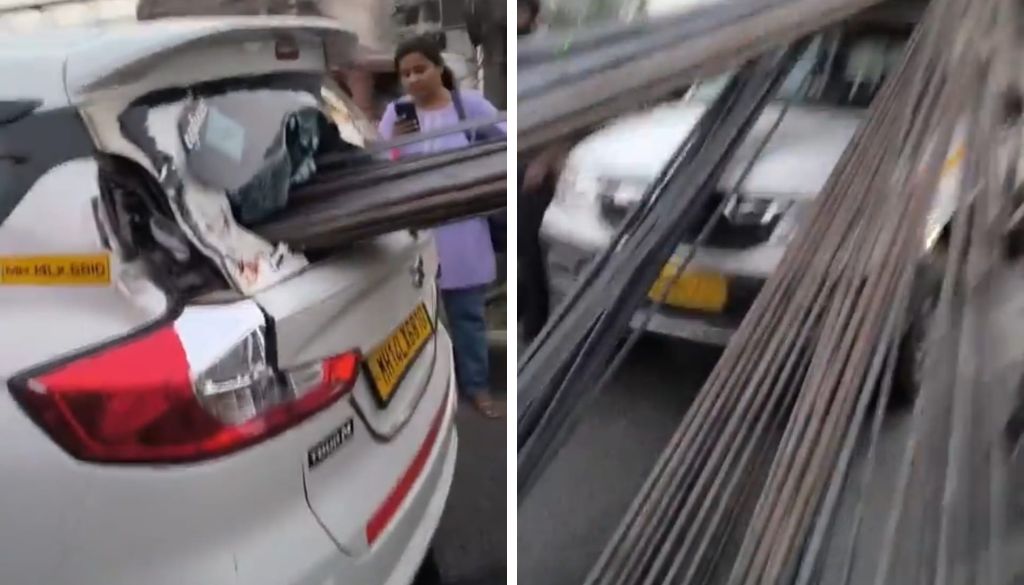 Iron Rods from Pickup Vehicle Ram into Car on Busy Highway