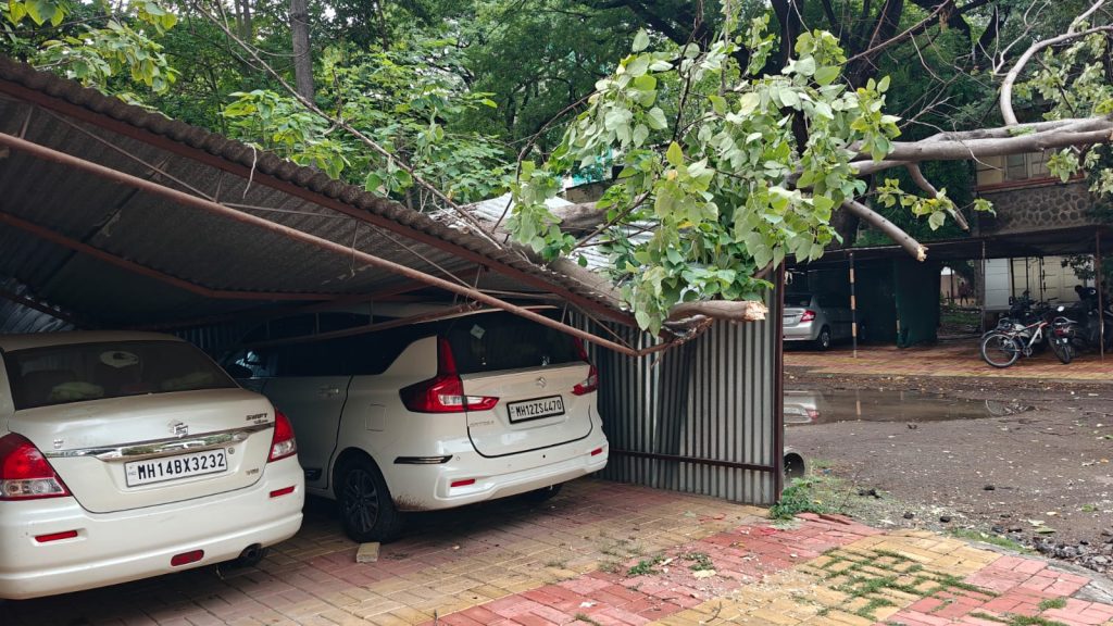 Tree Falls on Shed and Two Cars at Shivajinagar Police Headquarters