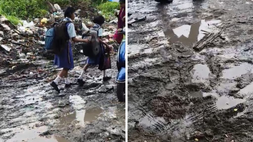 Schoolchildren Forced to Walk Through Dangerous Muddy Road in Mohammadwadi