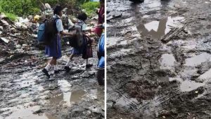 Schoolchildren Forced to Walk Through Dangerous Muddy Road in Mohammadwadi