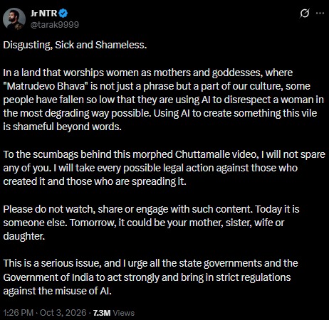 Jr NTR Condemns AI-Morphed Chuttamalle Video